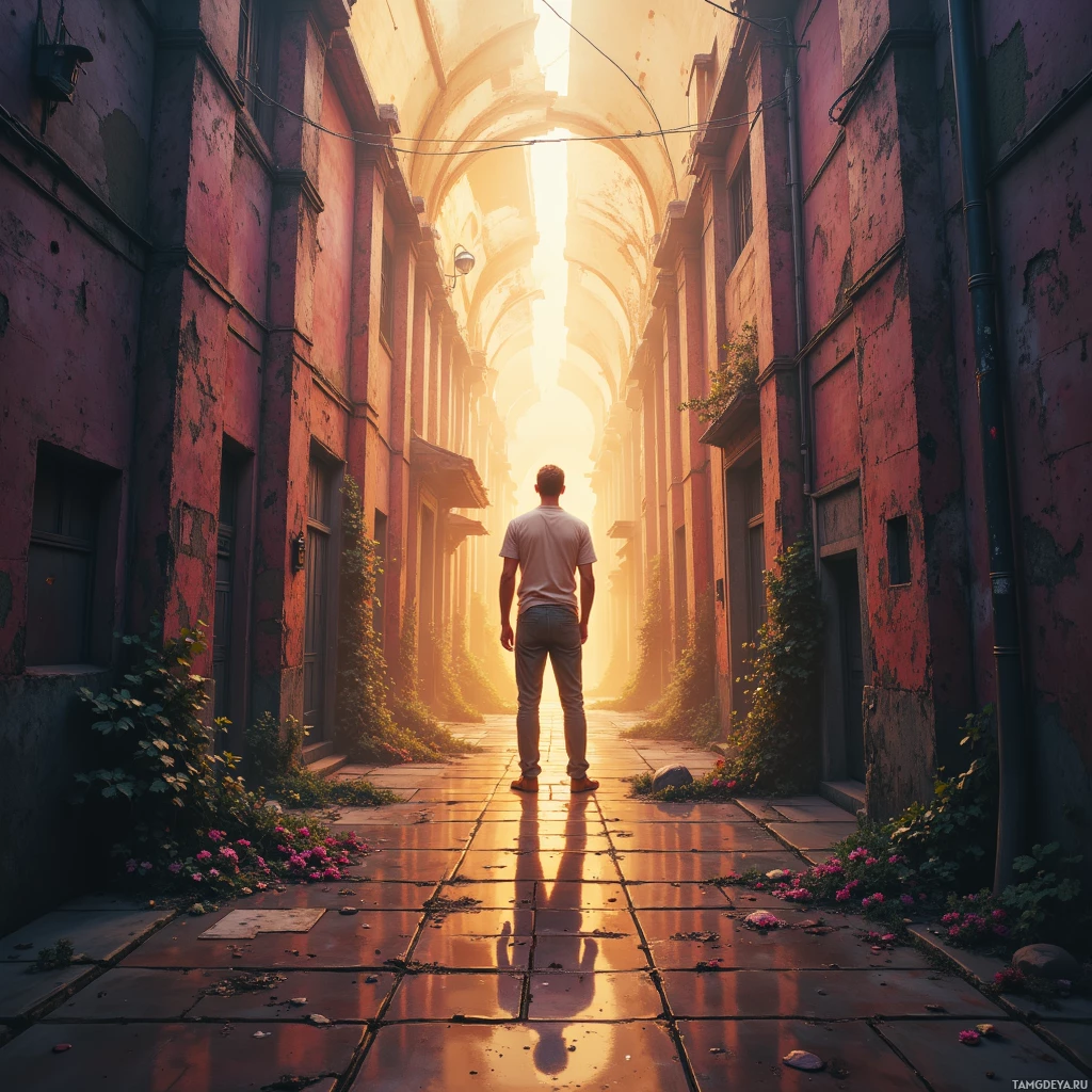 A person stands at the end of an alleyway bathed in golden sunlight, surrounded by weathered walls and overgrown vegetation.
