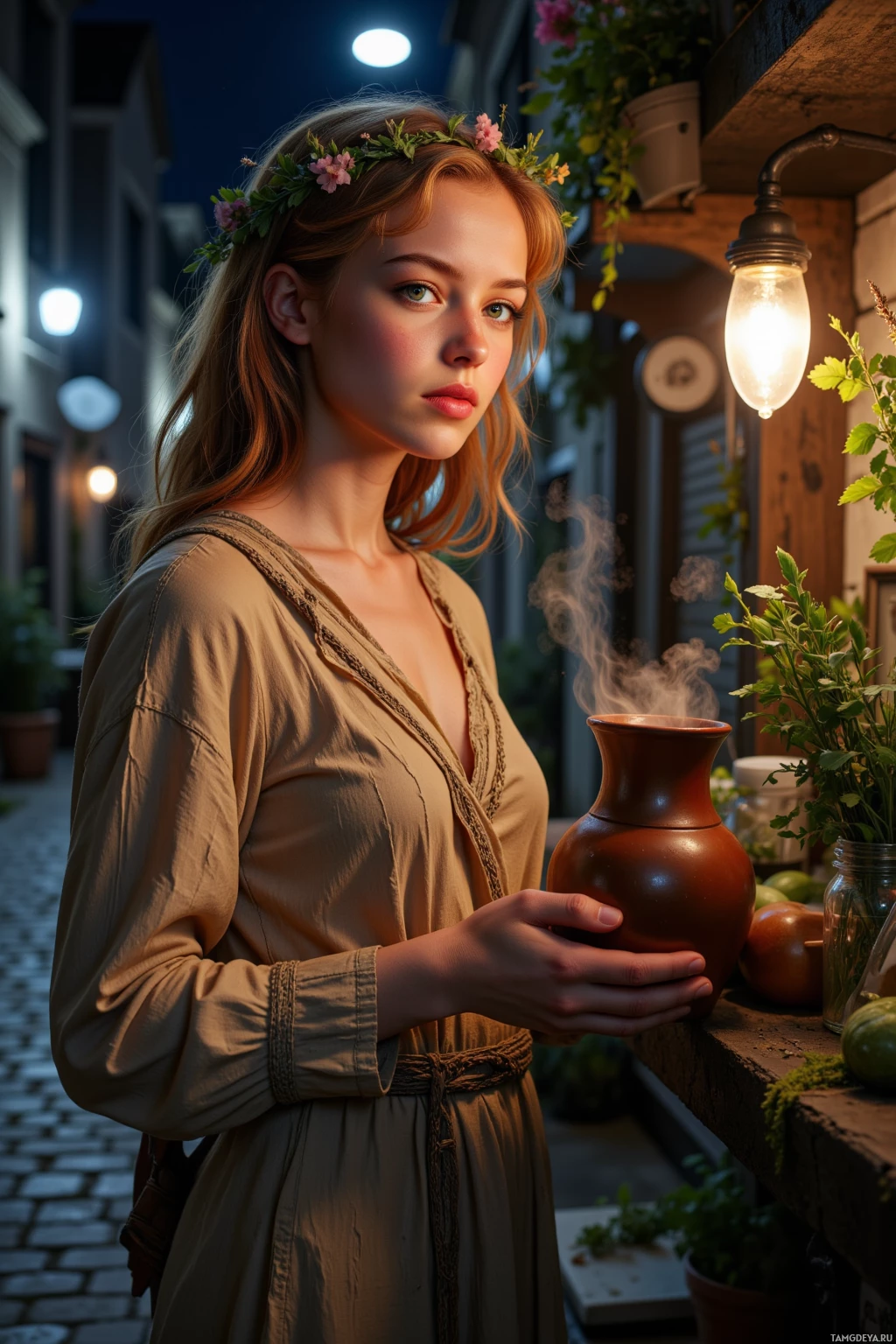 A woman in a beige dress holds a steaming clay pot in a cozy, dimly lit alleyway.