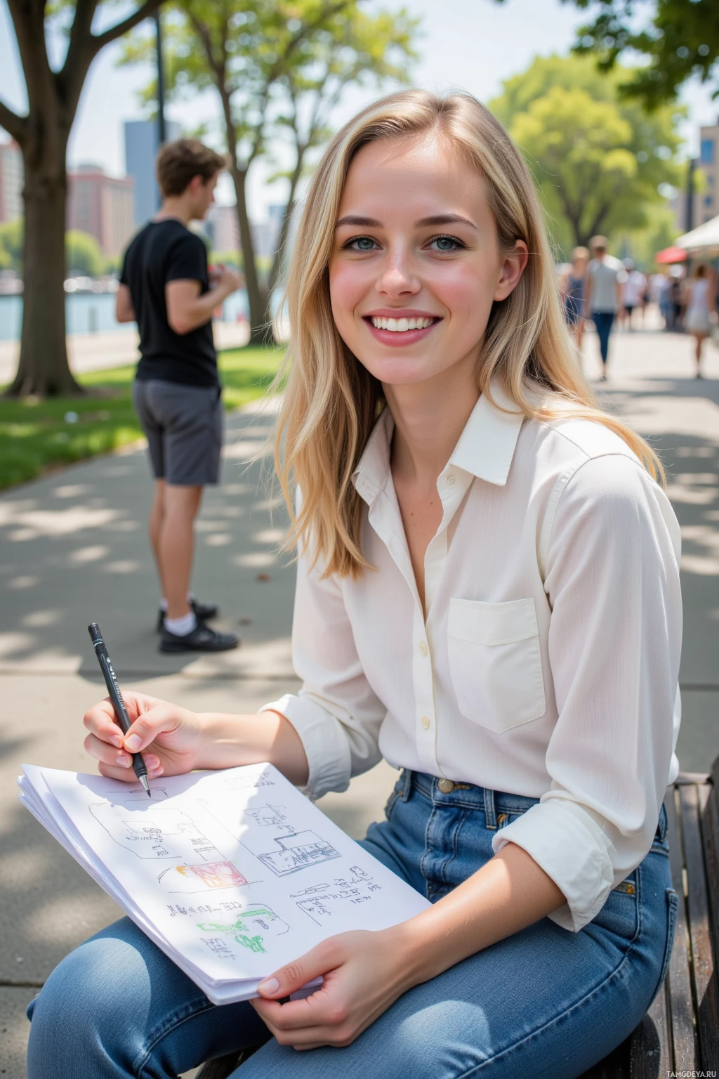 A person is sitting on a bench outdoors, holding a notebook and pen while smiling at the camera.