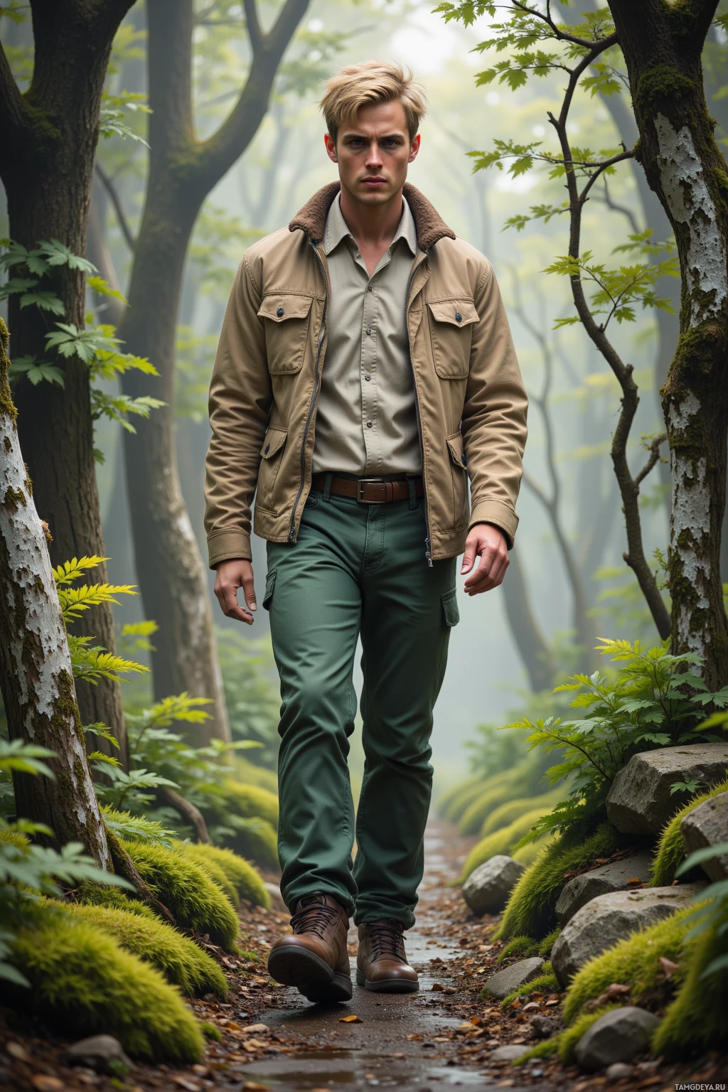 A person in a forest setting wearing a beige jacket, green pants, and brown boots.