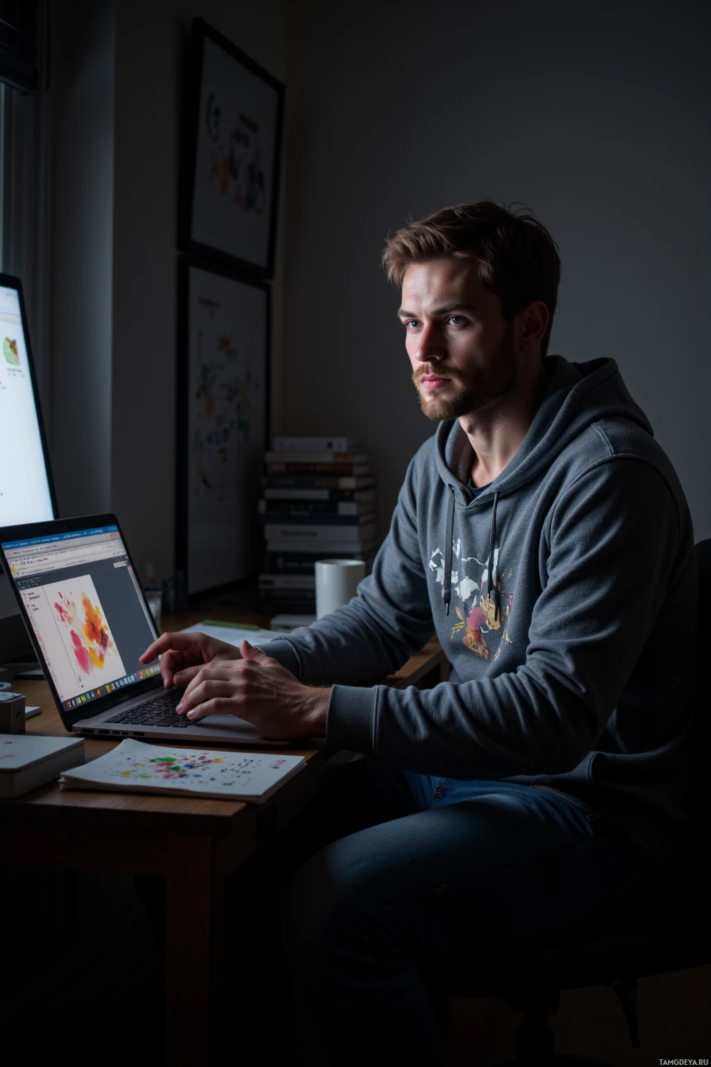 A person is sitting at a desk working on a laptop in a dimly lit room.