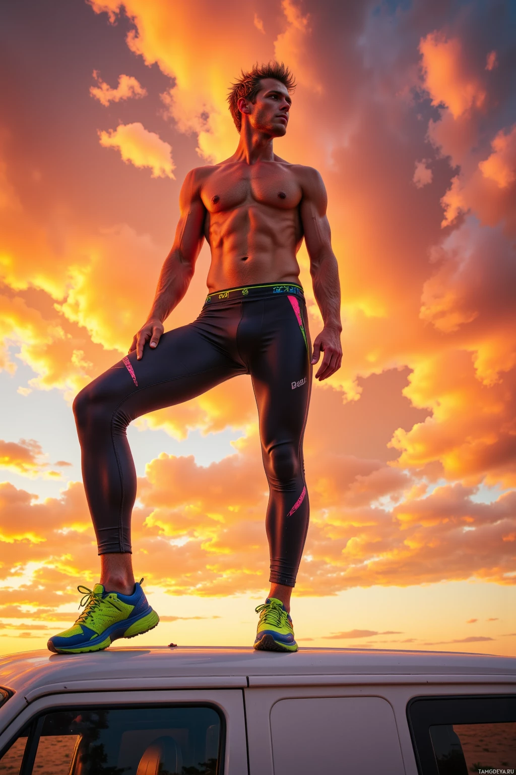 A shirtless man stands on a vehicle roof against a vibrant sunset sky.