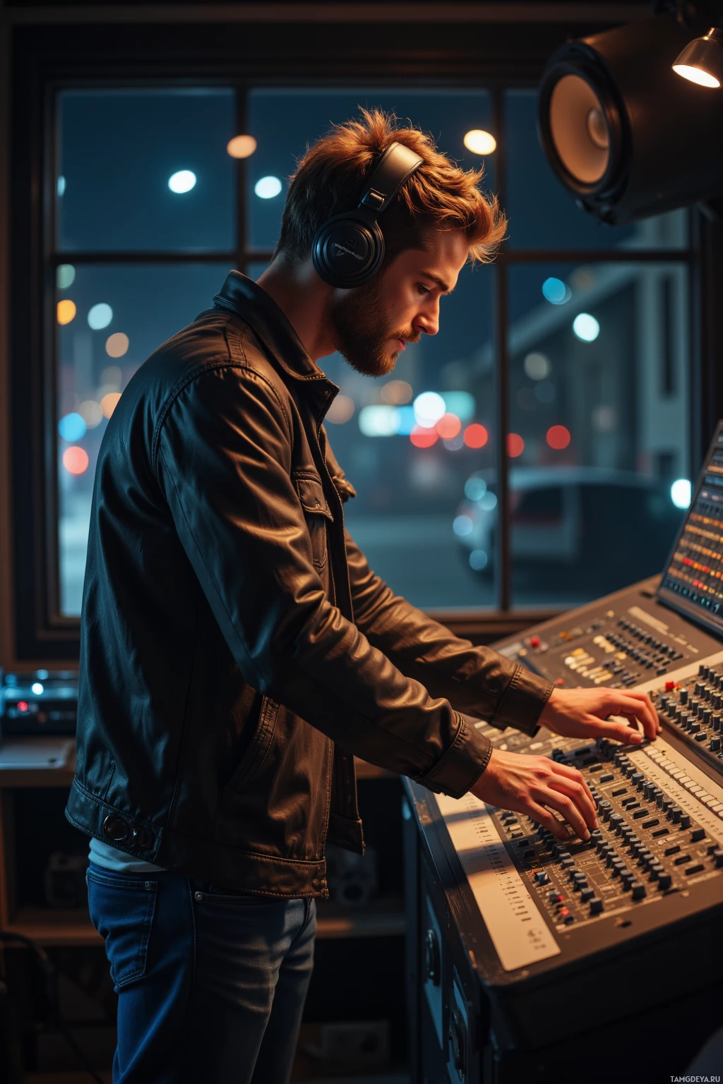A person wearing headphones is working at a mixing console in a recording studio.
