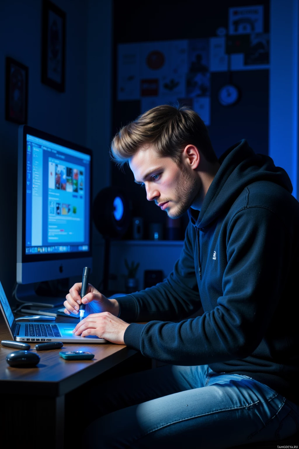 A person is working at a desk with a laptop and monitor in a dimly lit room.