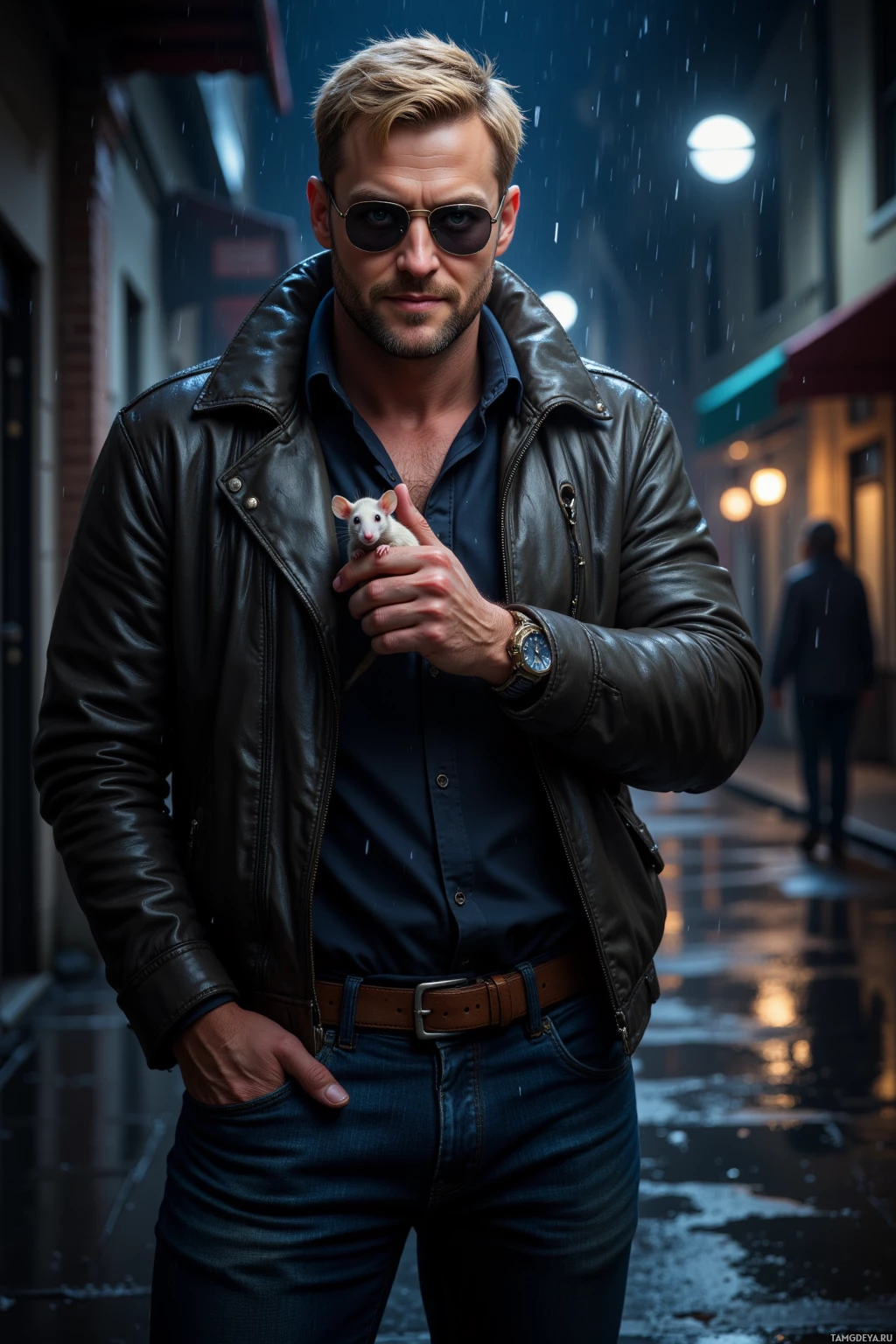 A man in a leather jacket holds a small animal in his hand while standing in a rainy alleyway.