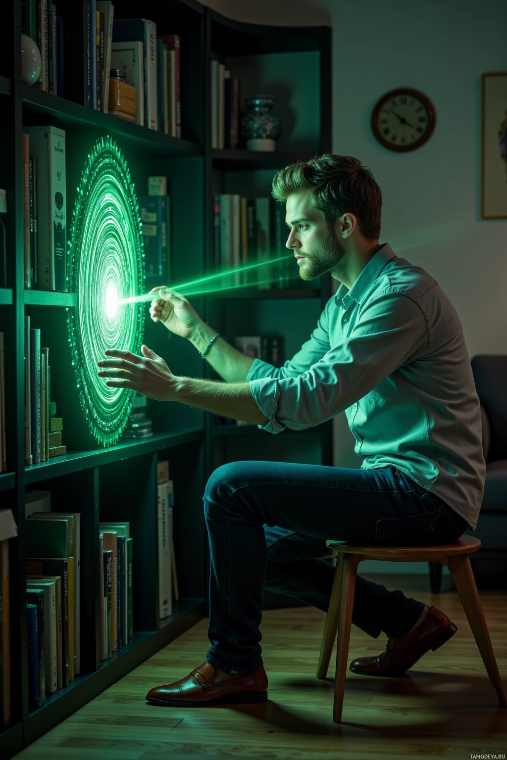 A person sits in front of a bookshelf, interacting with a glowing green circular pattern using a laser pointer.