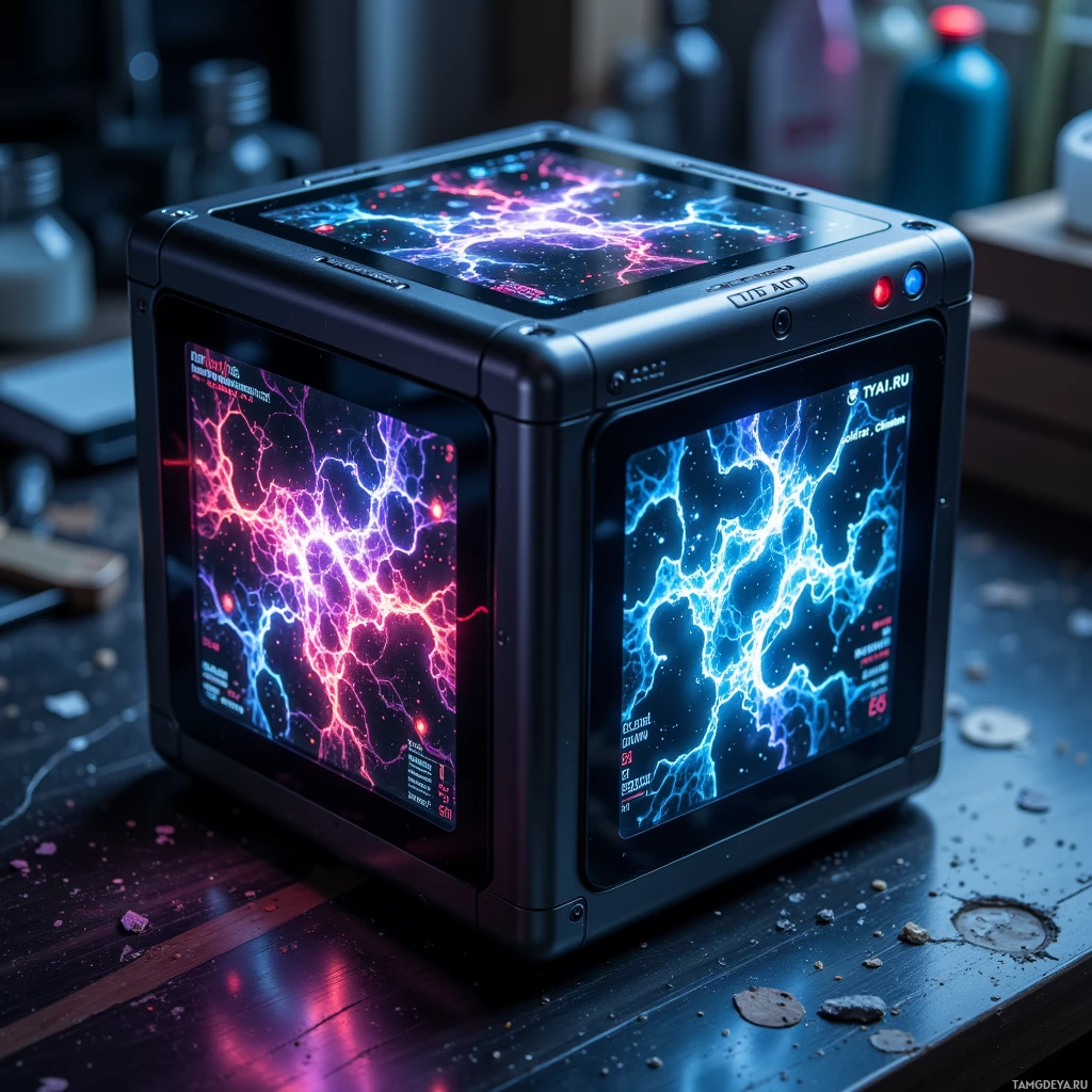 A futuristic cube device with glowing lightning patterns on its screens sits on a cluttered desk.