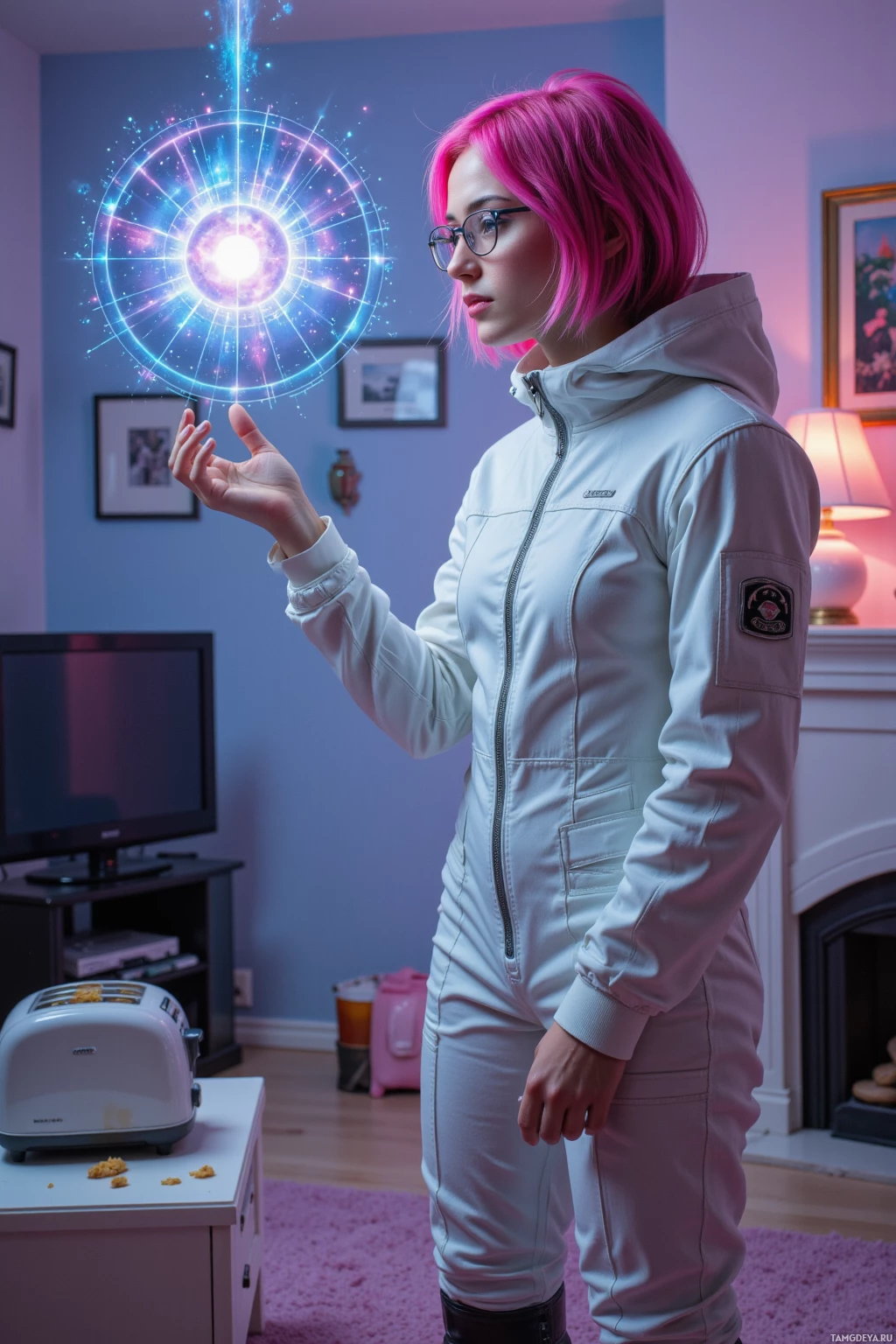 A person with pink hair and glasses stands in a room, reaching out towards a glowing, cosmic-like projection.