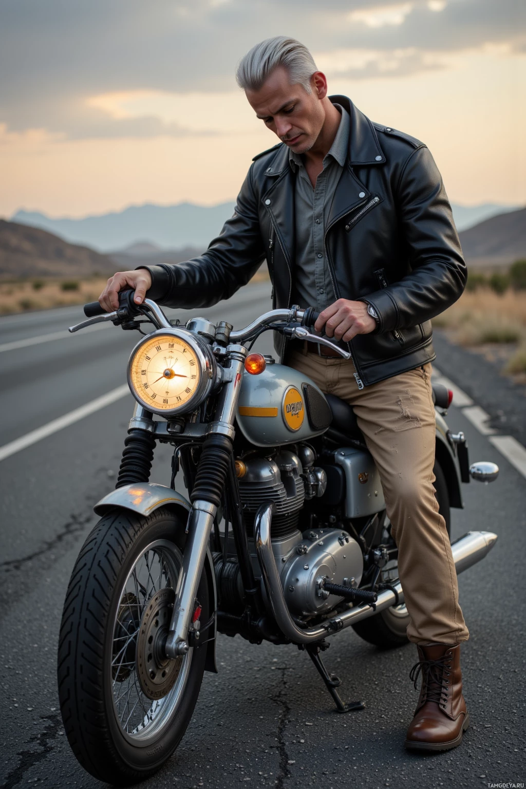 A man in a leather jacket stands beside an old-fashioned motorcycle on a road at dusk.