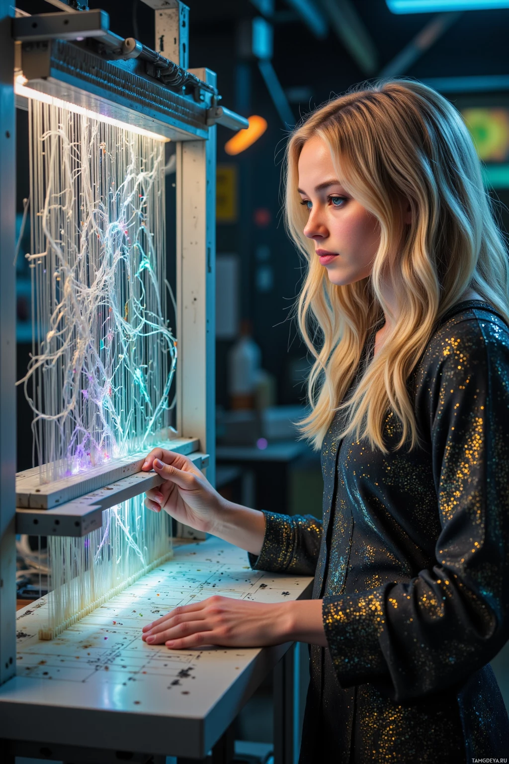 A person is interacting with a machine that displays colorful, string-like structures.