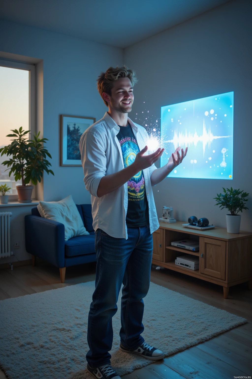 A person stands in a cozy living room with a glowing sound wave displayed on the wall behind them.