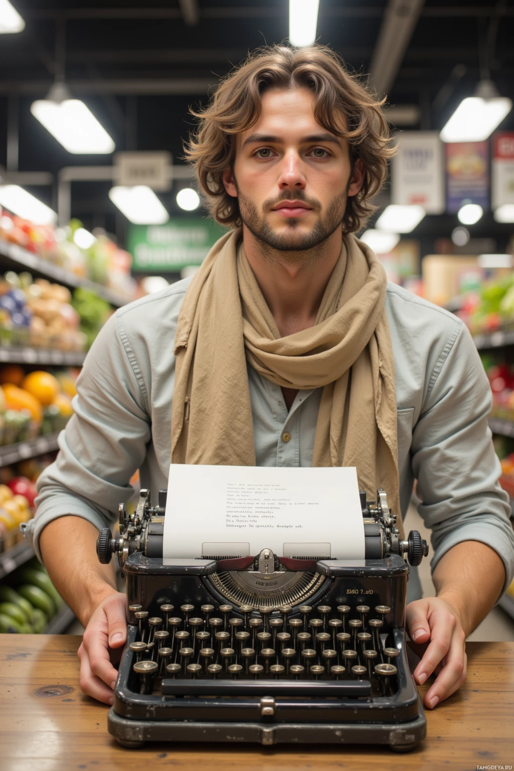 A person wearing a scarf stands in a grocery store aisle, holding an old typewriter with a sheet of paper.