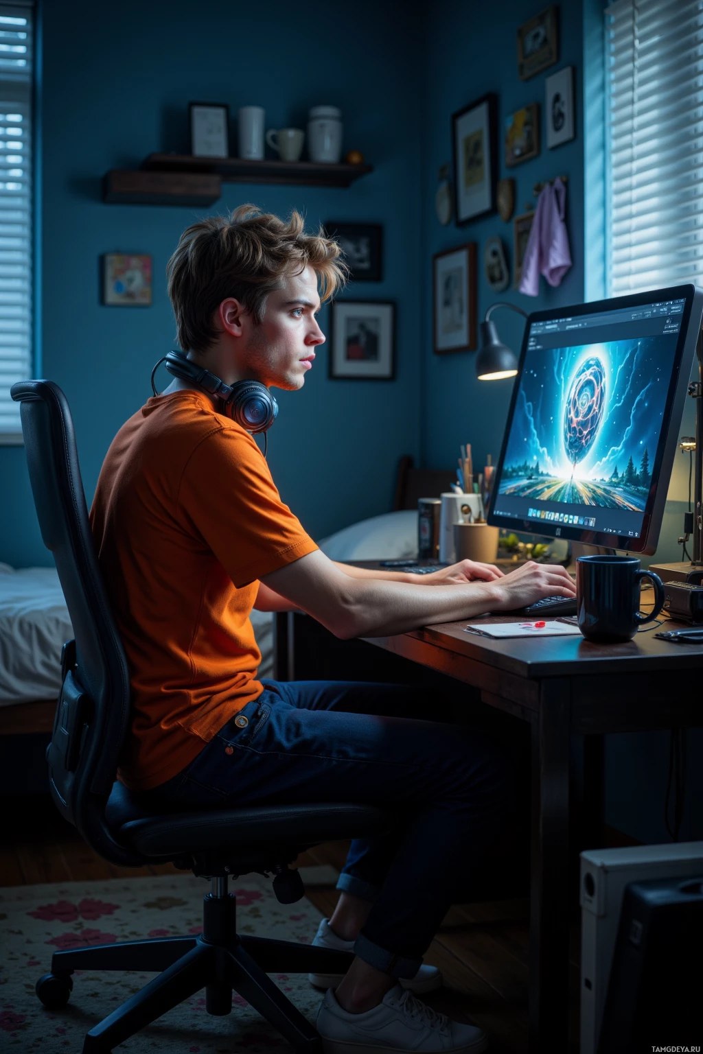 A person sits at a desk in a dimly lit room, working on a computer with headphones on.