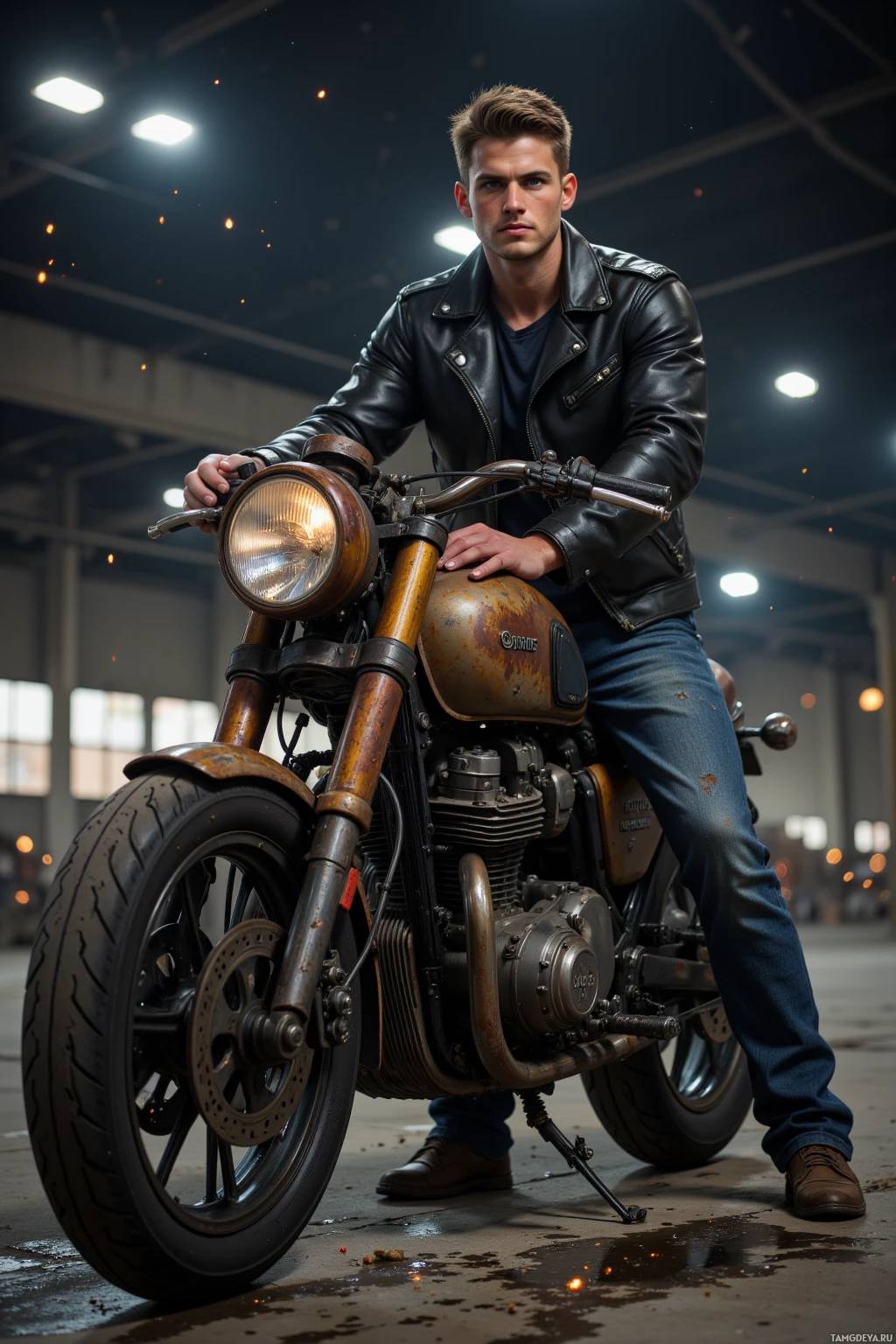 A man in a leather jacket sits on an old motorcycle inside a dimly lit garage with sparks flying around him.