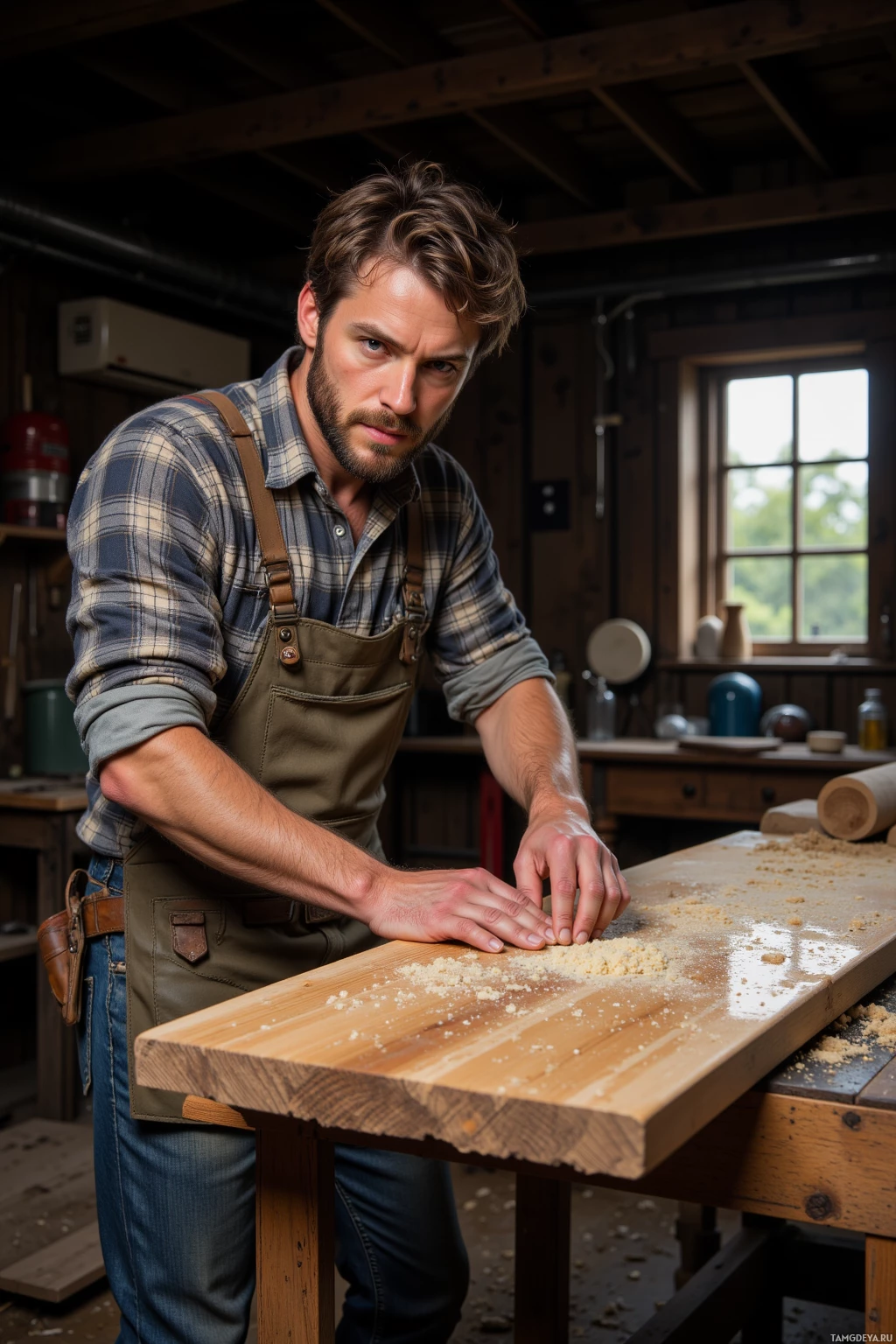 A man in an apron works on a wooden surface with sawdust scattered around.