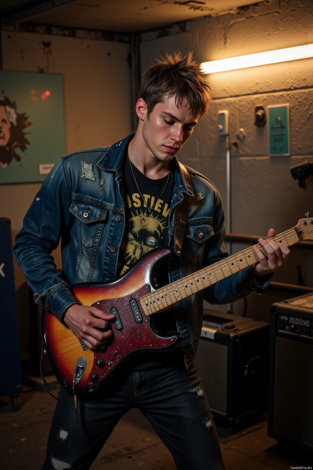 A person wearing a denim jacket and ripped jeans plays a sunburst electric guitar in a dimly lit room.
