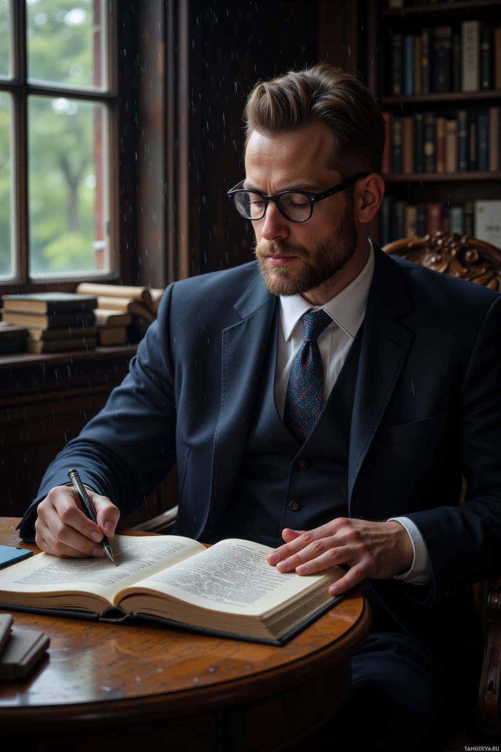 A man in a suit is writing in a book at a desk.