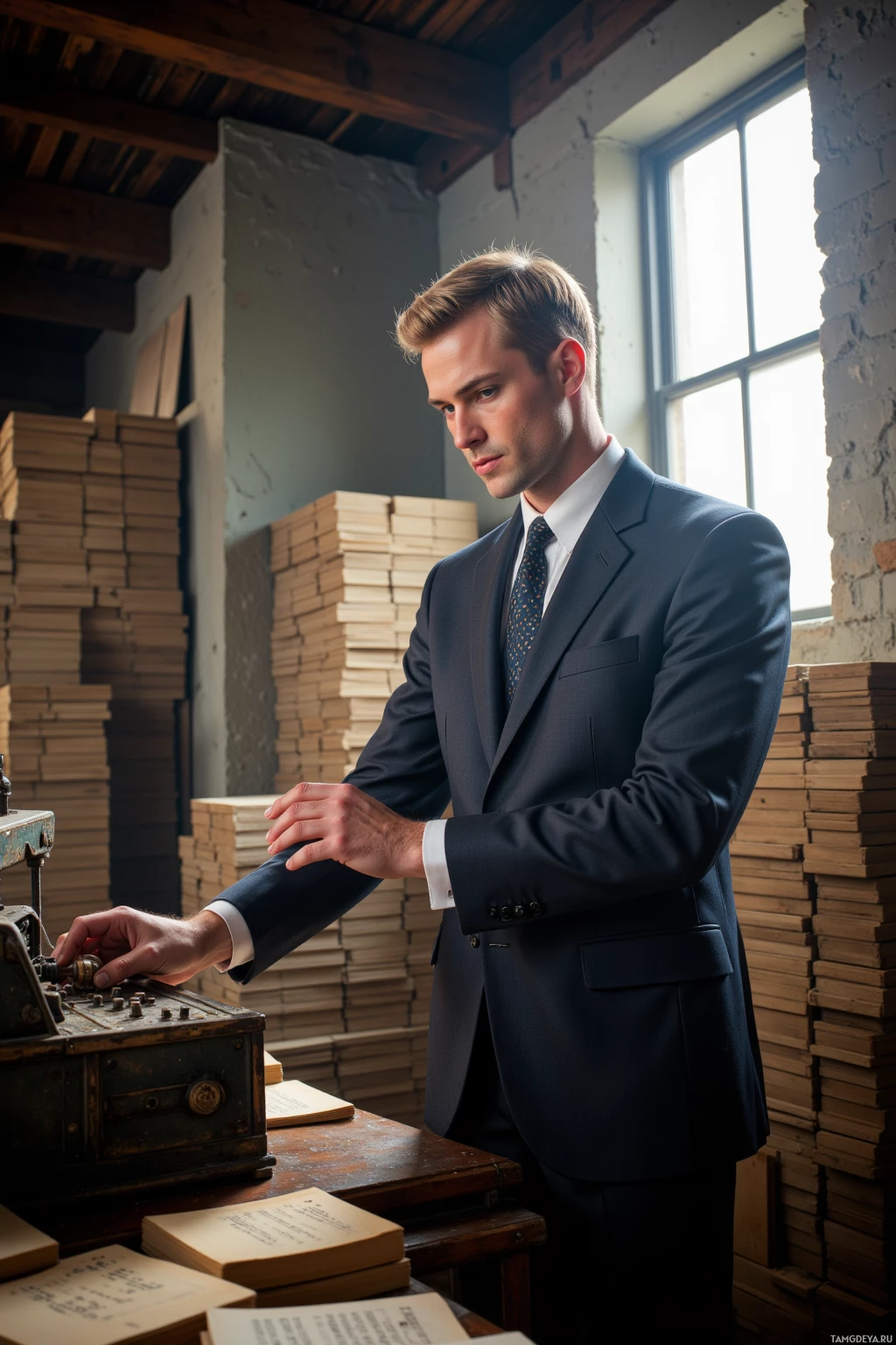 A man in a suit stands at an old desk with stacks of books and papers around him, using a vintage typewriter.