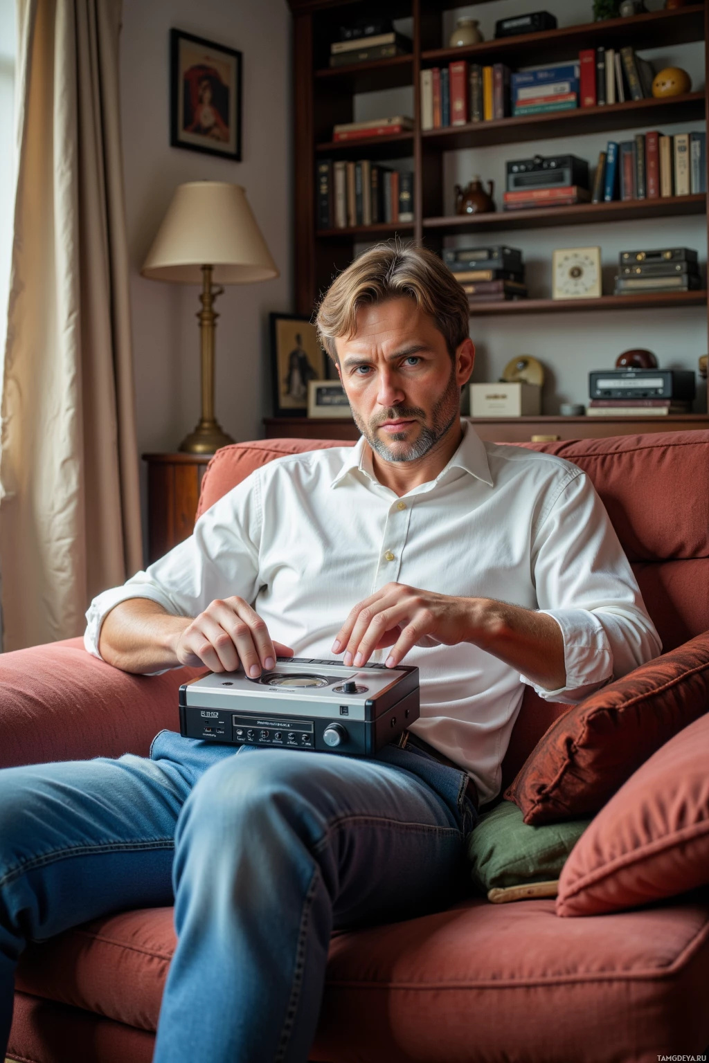 A person sits on a couch holding a vintage tape recorder.