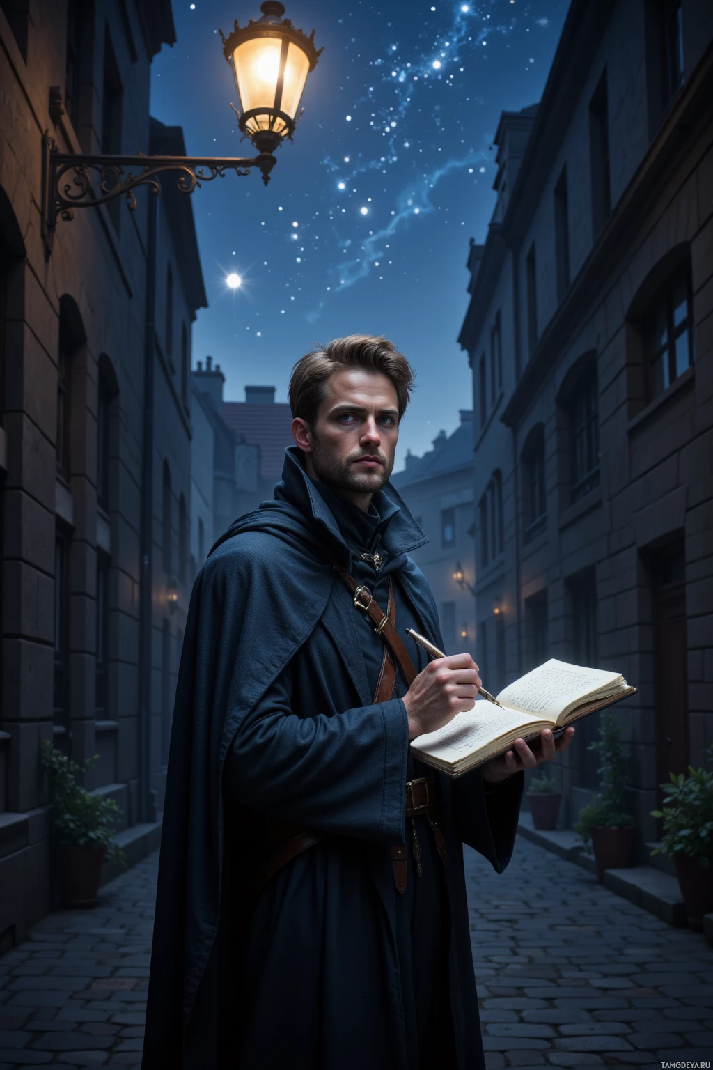 A person in historical attire writes in a notebook under streetlights and a starry sky.