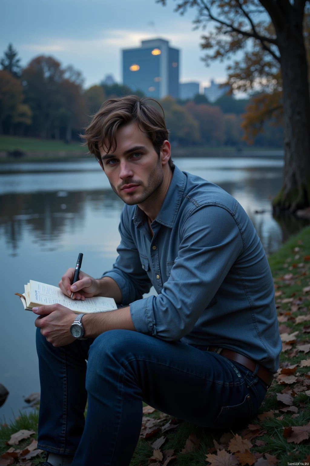 A person sits by a lake, writing in a notebook.