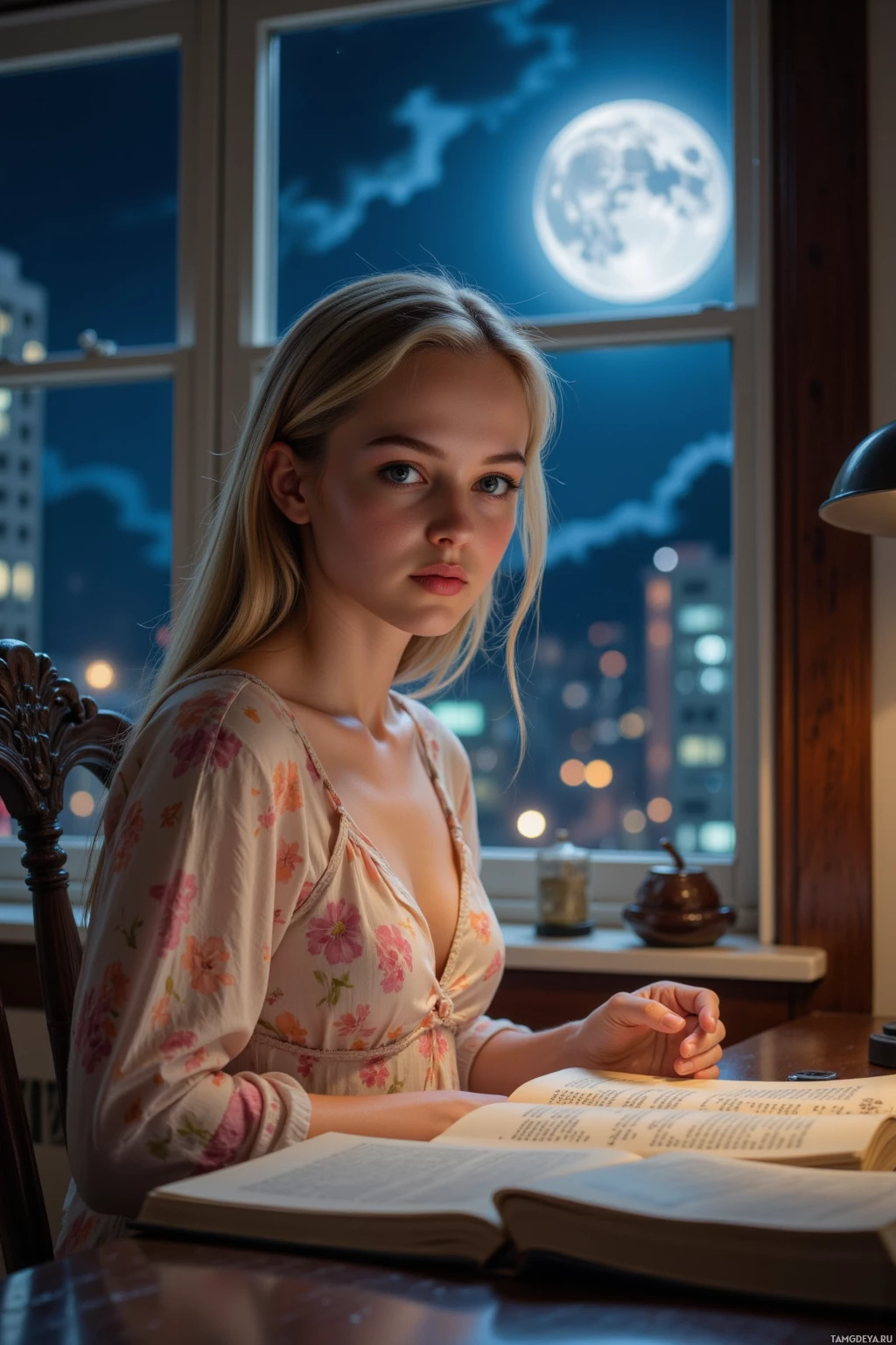 A person sits at a desk by a window, reading a book under the glow of a lamp, with a cityscape and moon visible outside.