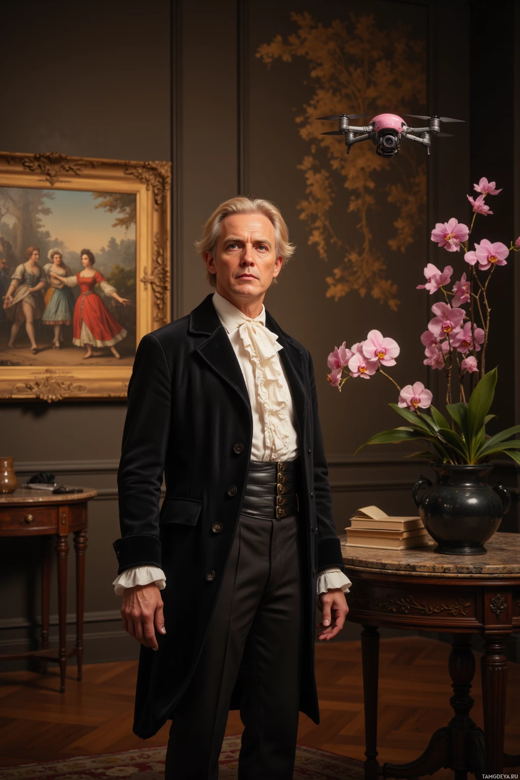 A man in historical attire stands indoors with a modern drone hovering above him and an ornate painting on the wall behind.