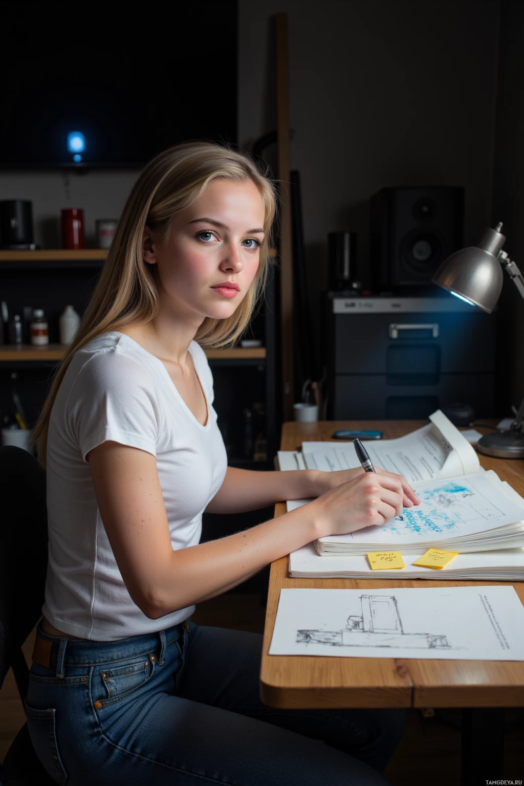 A person is sitting at a desk, writing in a notebook with a pen.