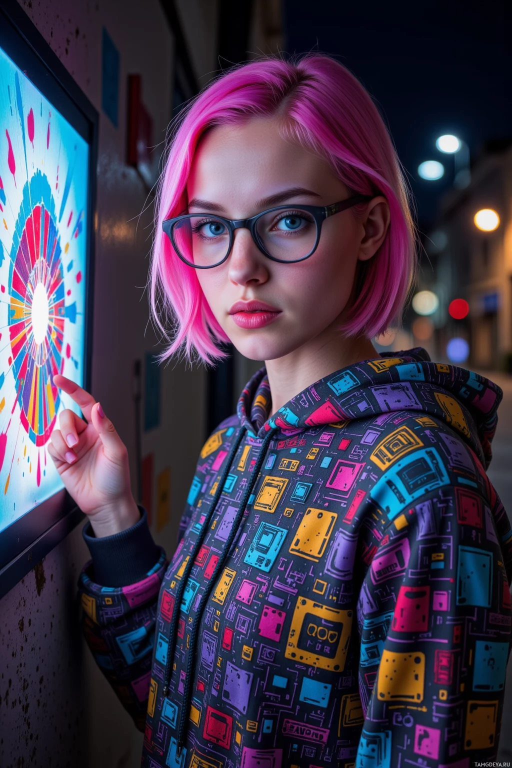 A person with pink hair wearing glasses and a colorful hoodie stands in front of an illuminated display.