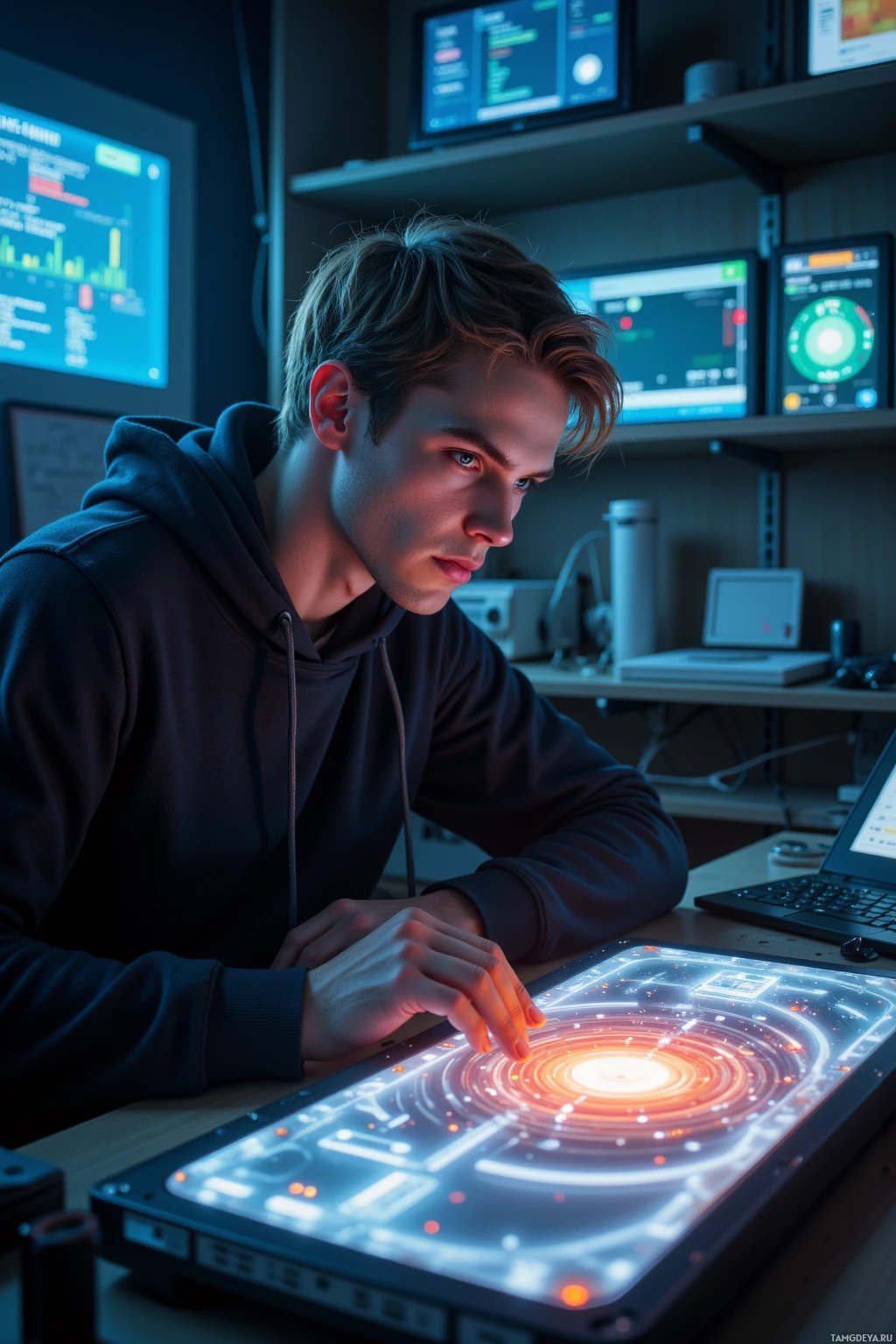 A person is interacting with a futuristic, illuminated device in a tech-laden environment.