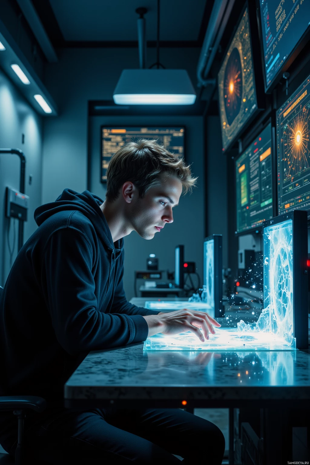 A person is working at a futuristic desk with glowing screens and holographic elements in a dimly lit room.