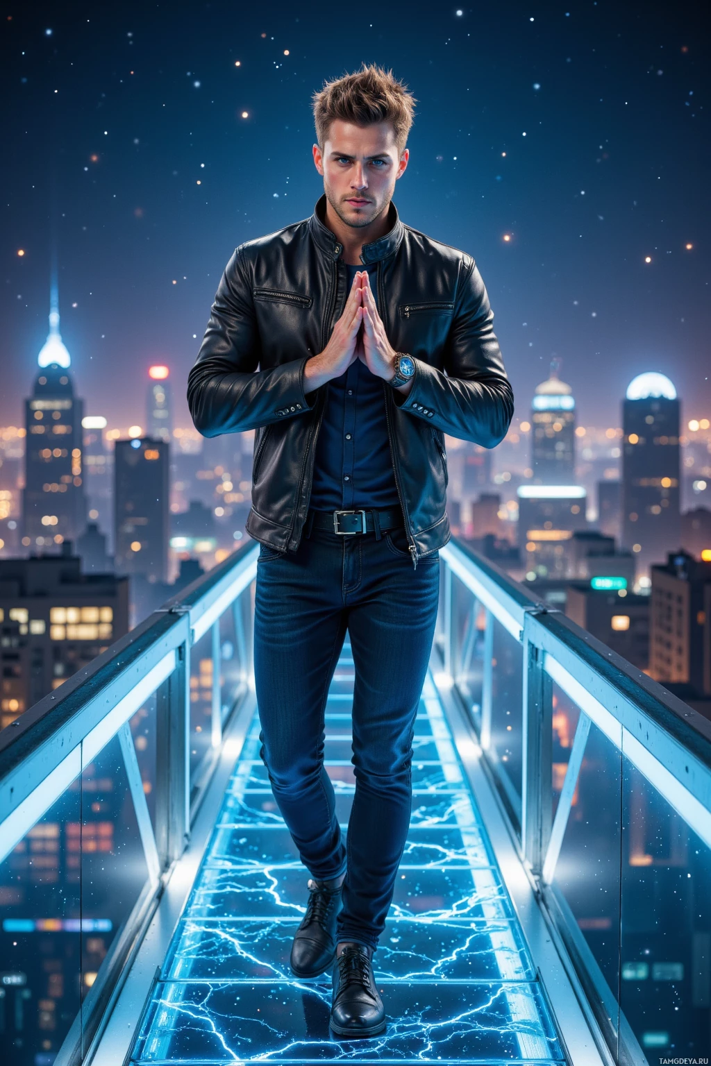 A person stands on a glowing bridge with a cityscape in the background.