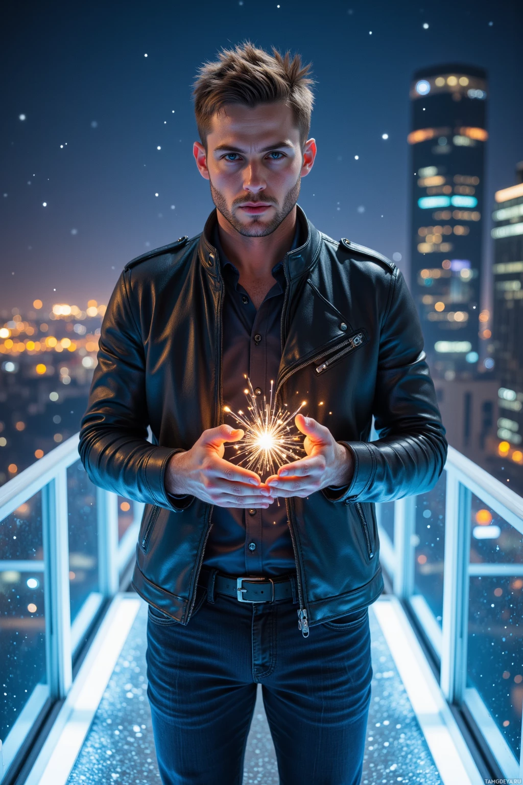 A person in a leather jacket holds a sparkler against a cityscape backdrop at night.
