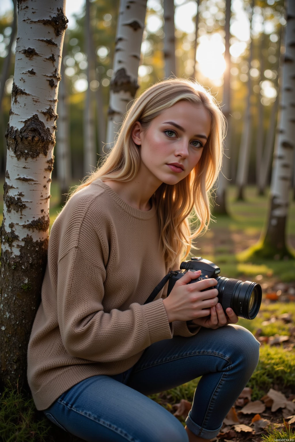 A person in a beige sweater and jeans holds a camera while sitting against a tree in a forest setting with sunlight filtering through the trees.