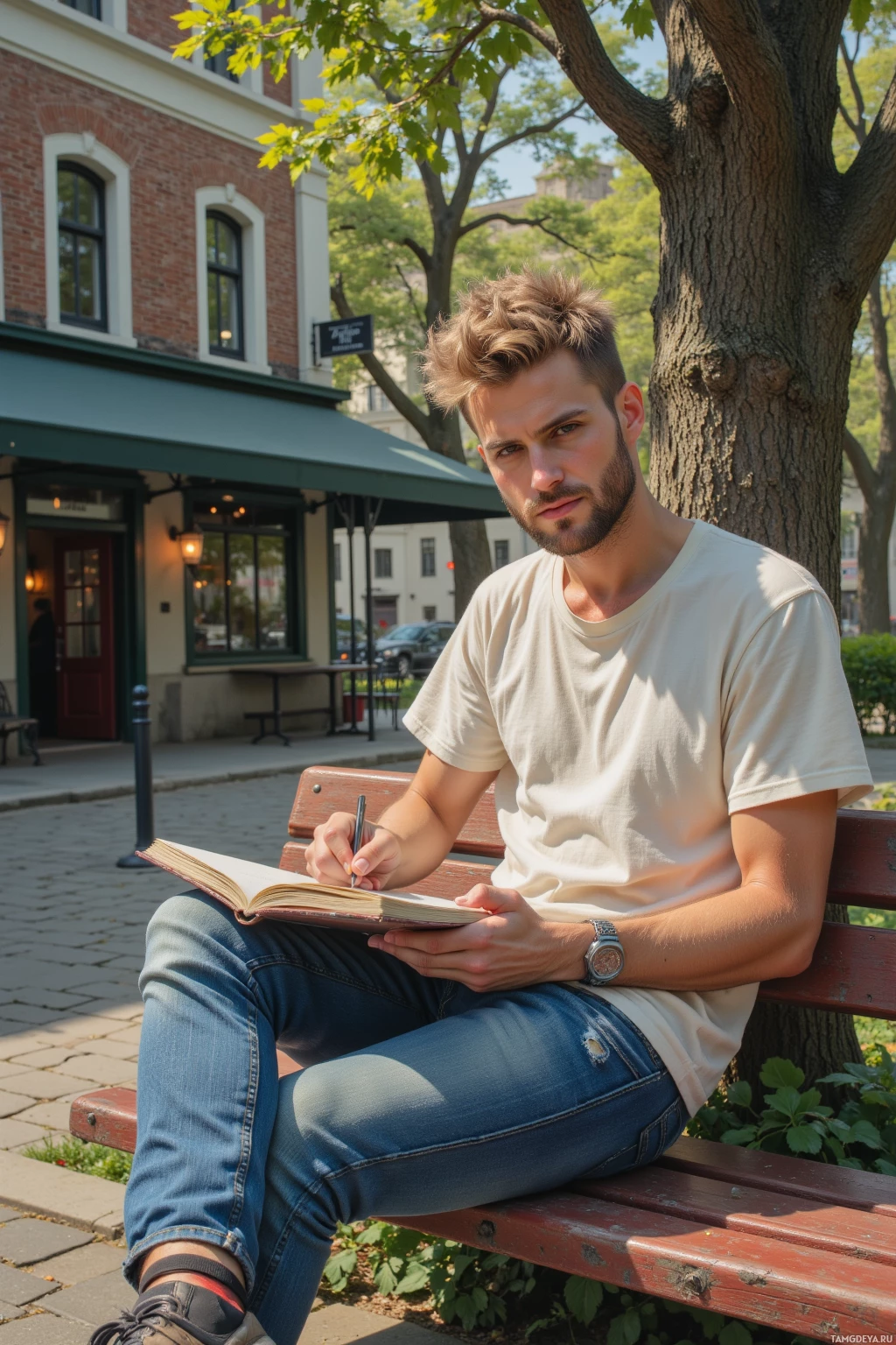 A person sits on a bench outdoors, writing in a notebook with a pen.