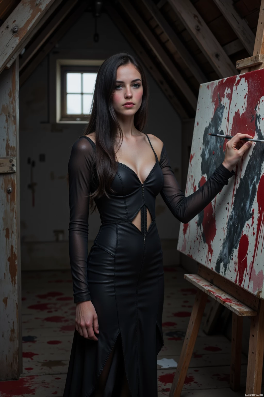 A person in a black dress stands in a room with an easel and a painting.