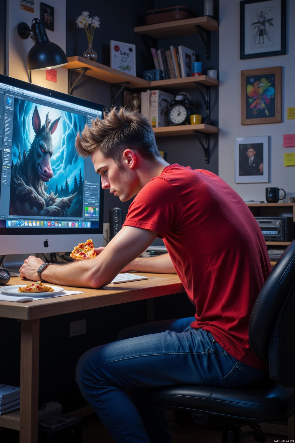 A person in a red shirt works on a computer while eating pizza.