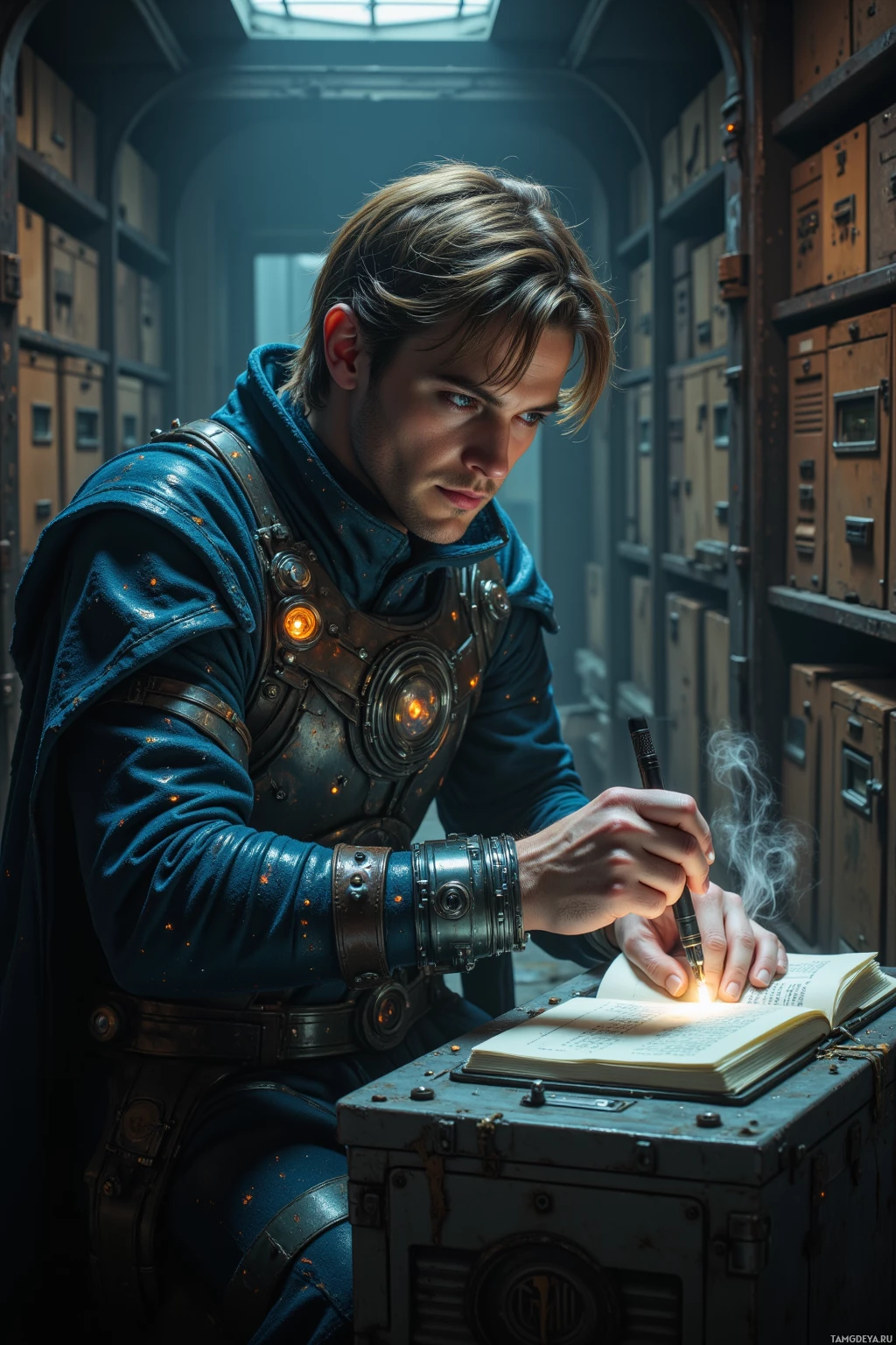 A person in a blue outfit with mechanical elements writes in an open book using a glowing pen in a dimly lit room filled with shelves and cabinets.