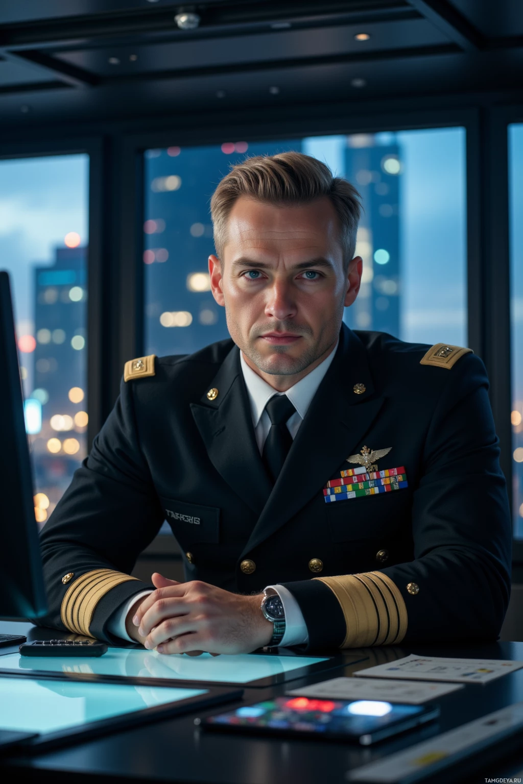 A person in a military uniform is seated at a desk with a cityscape visible through the windows behind them.