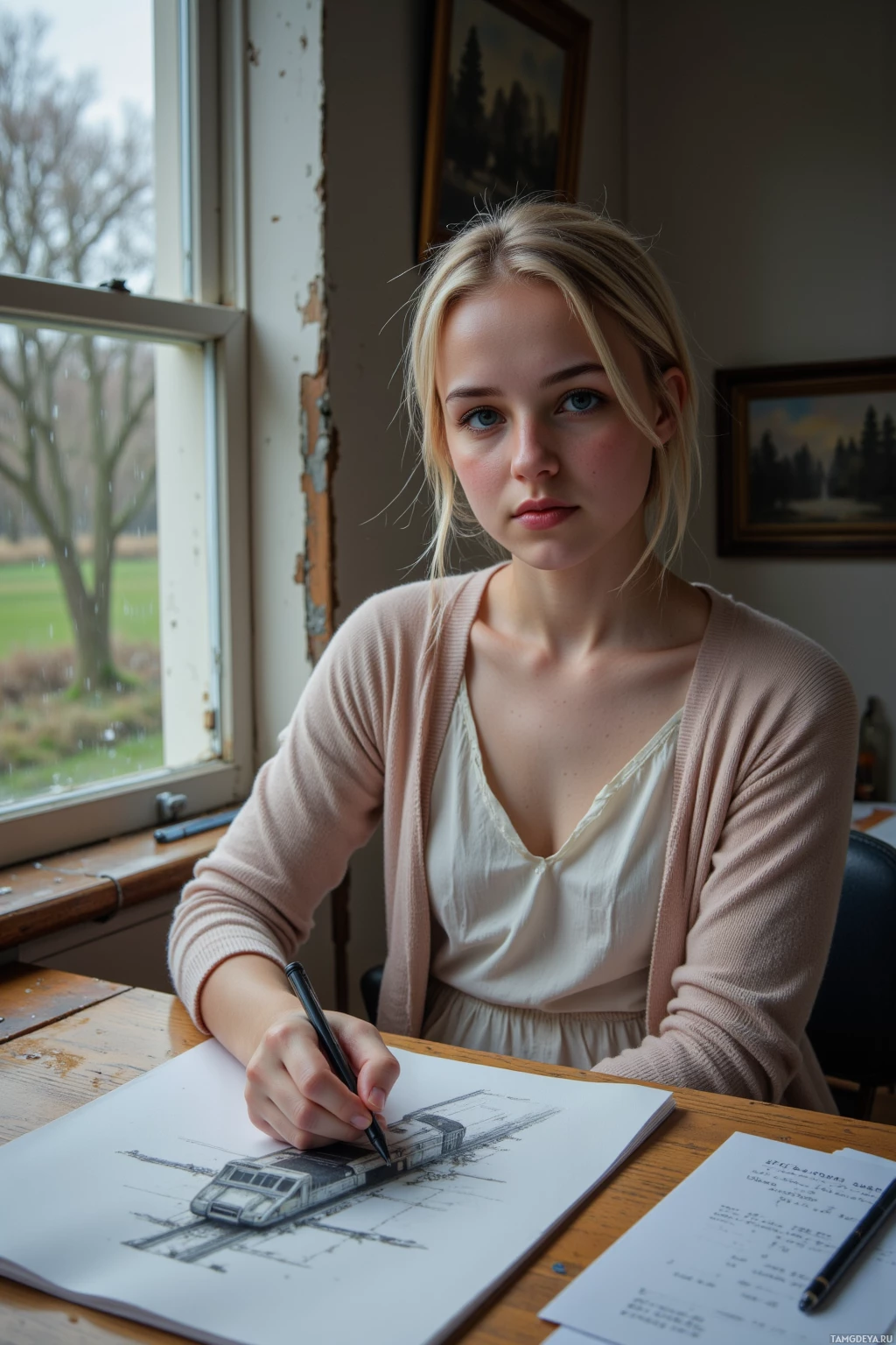 A person is sketching on paper at a desk with a window in the background.