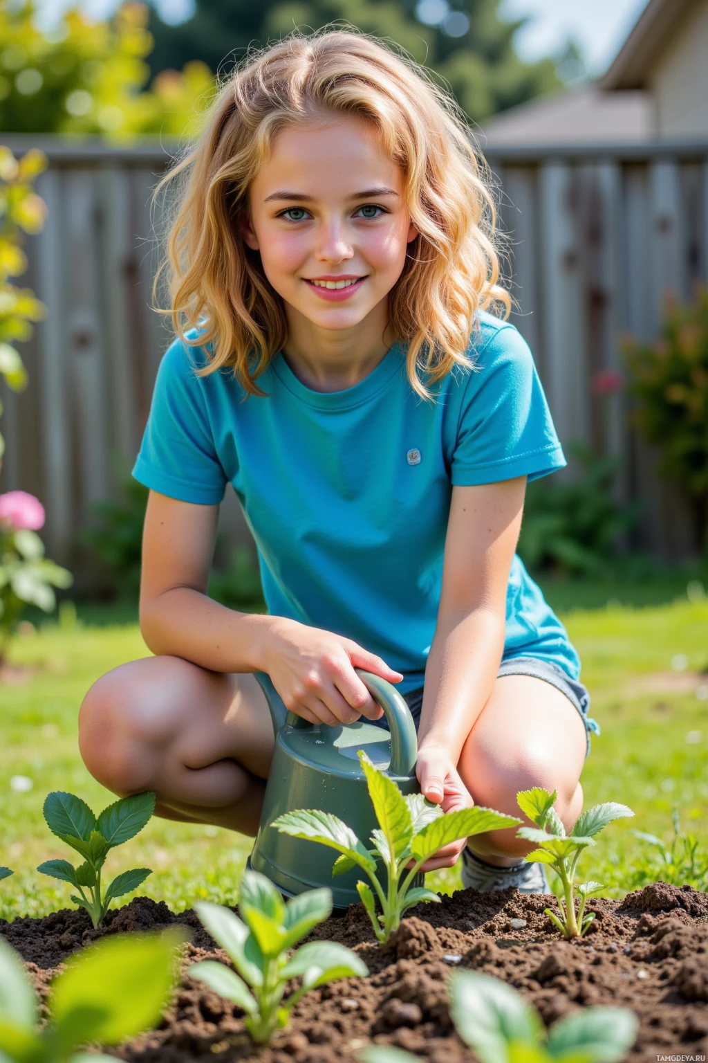 A young girl is crouching in a garden, holding a watering can and tending to young plants.