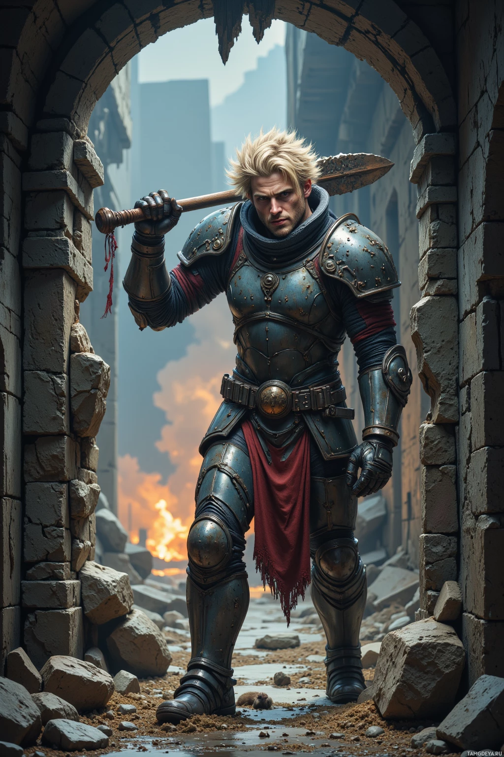 A warrior in armor stands in a ruined archway, holding a weapon over his shoulder.