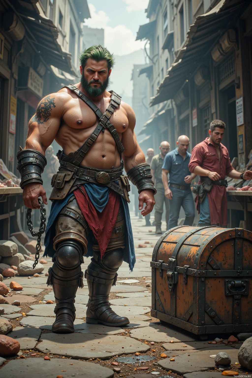 A muscular man in armor stands beside an old chest on a cobblestone street with other people in the background.