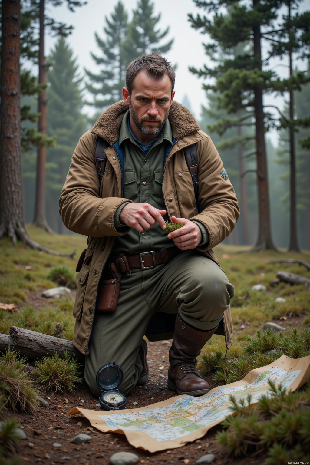 A person in outdoor attire crouches in a forest, examining a pine cone while a map and compass lie on the ground nearby.