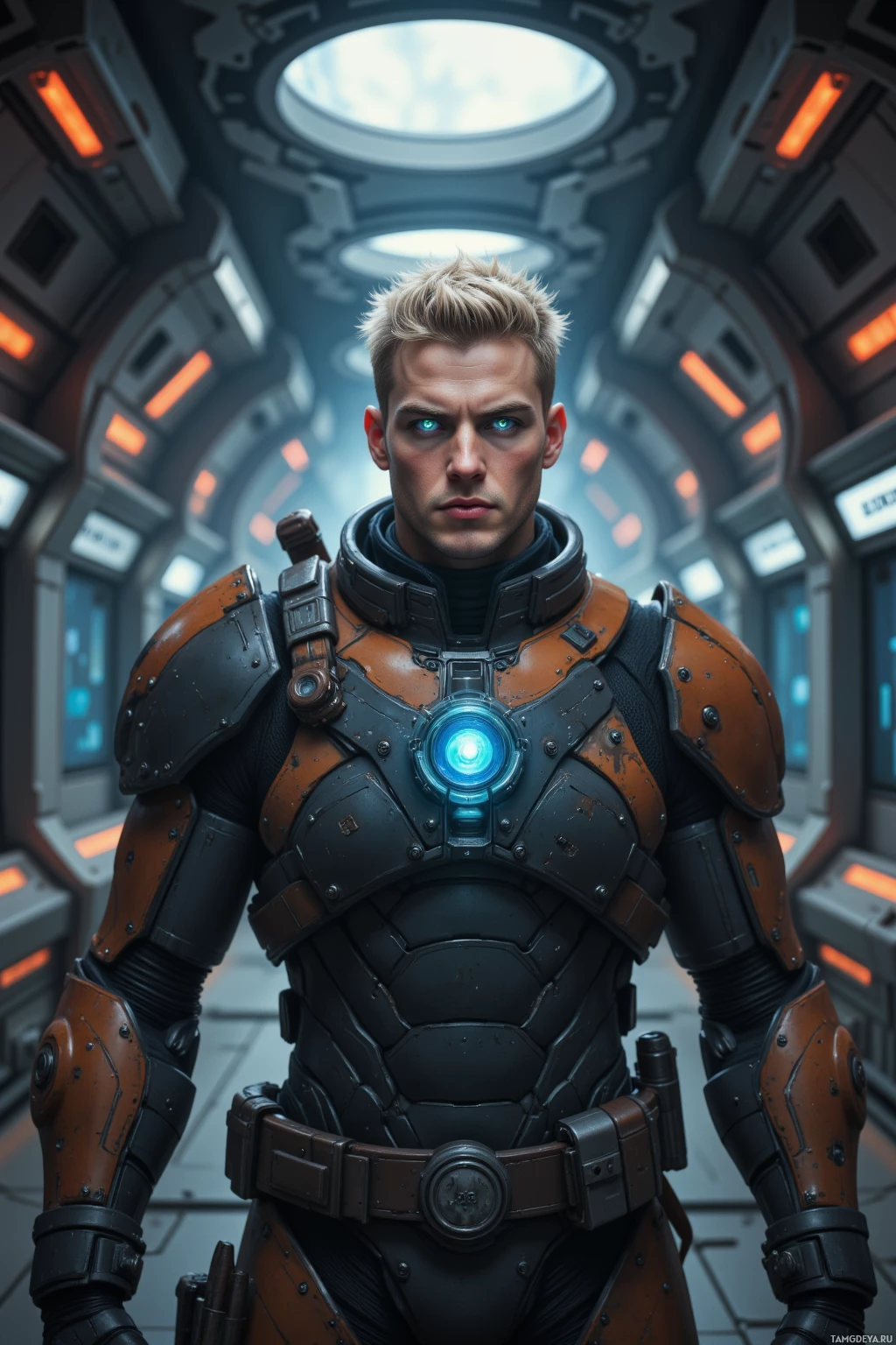 A person in futuristic armor stands in a sci-fi environment.