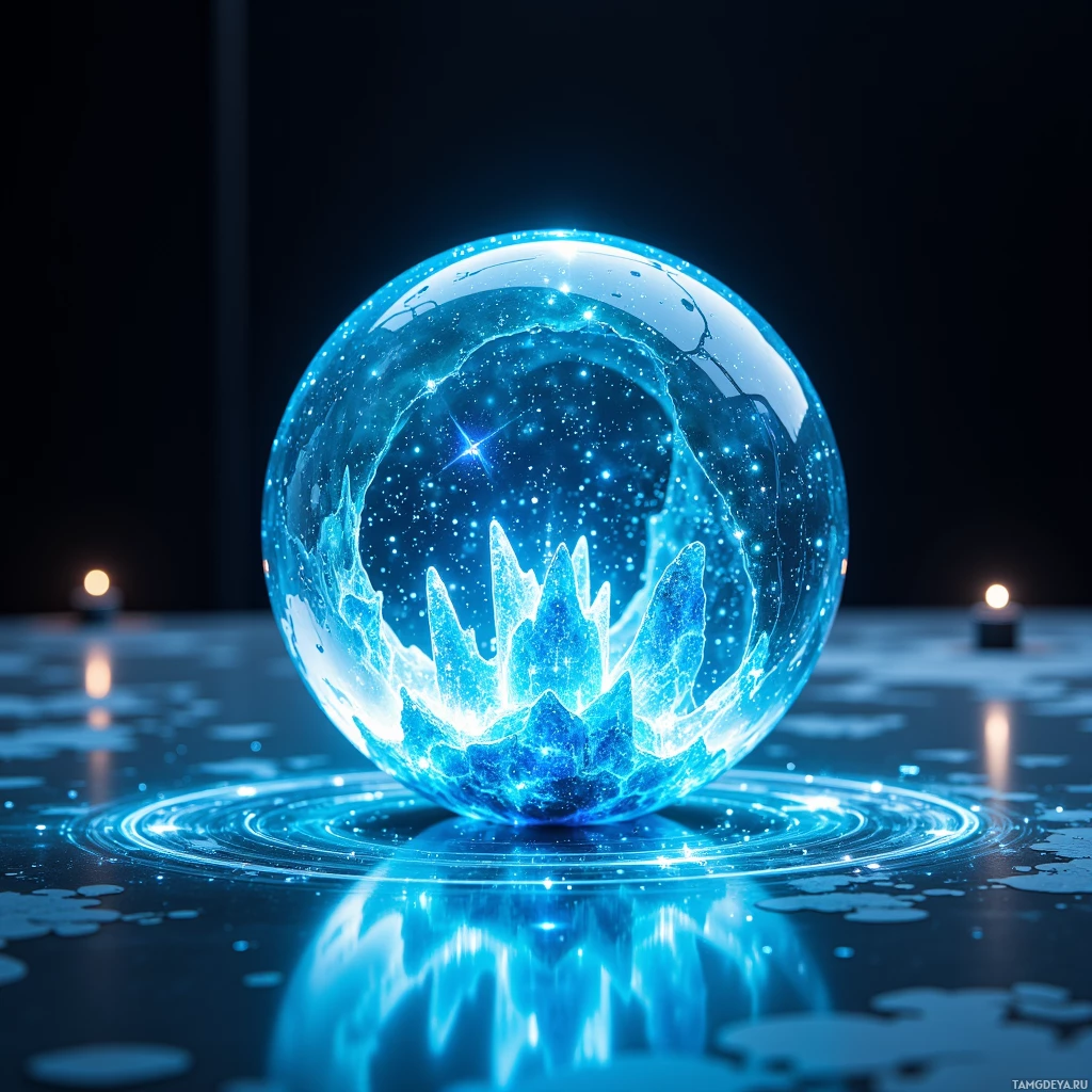A glowing blue crystal sphere with intricate patterns and reflections on a dark surface.