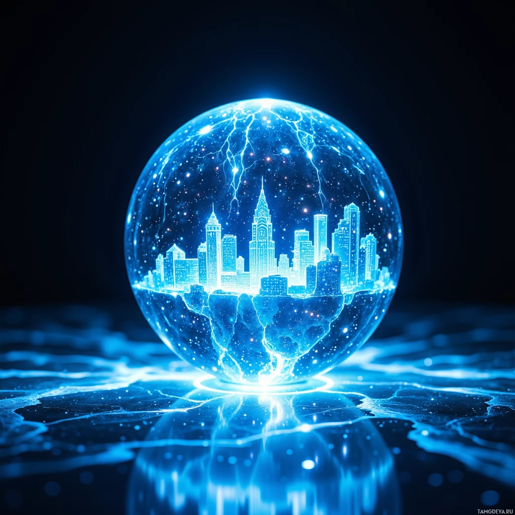 A glowing blue sphere with a cityscape inside, surrounded by electric-like lines and particles.