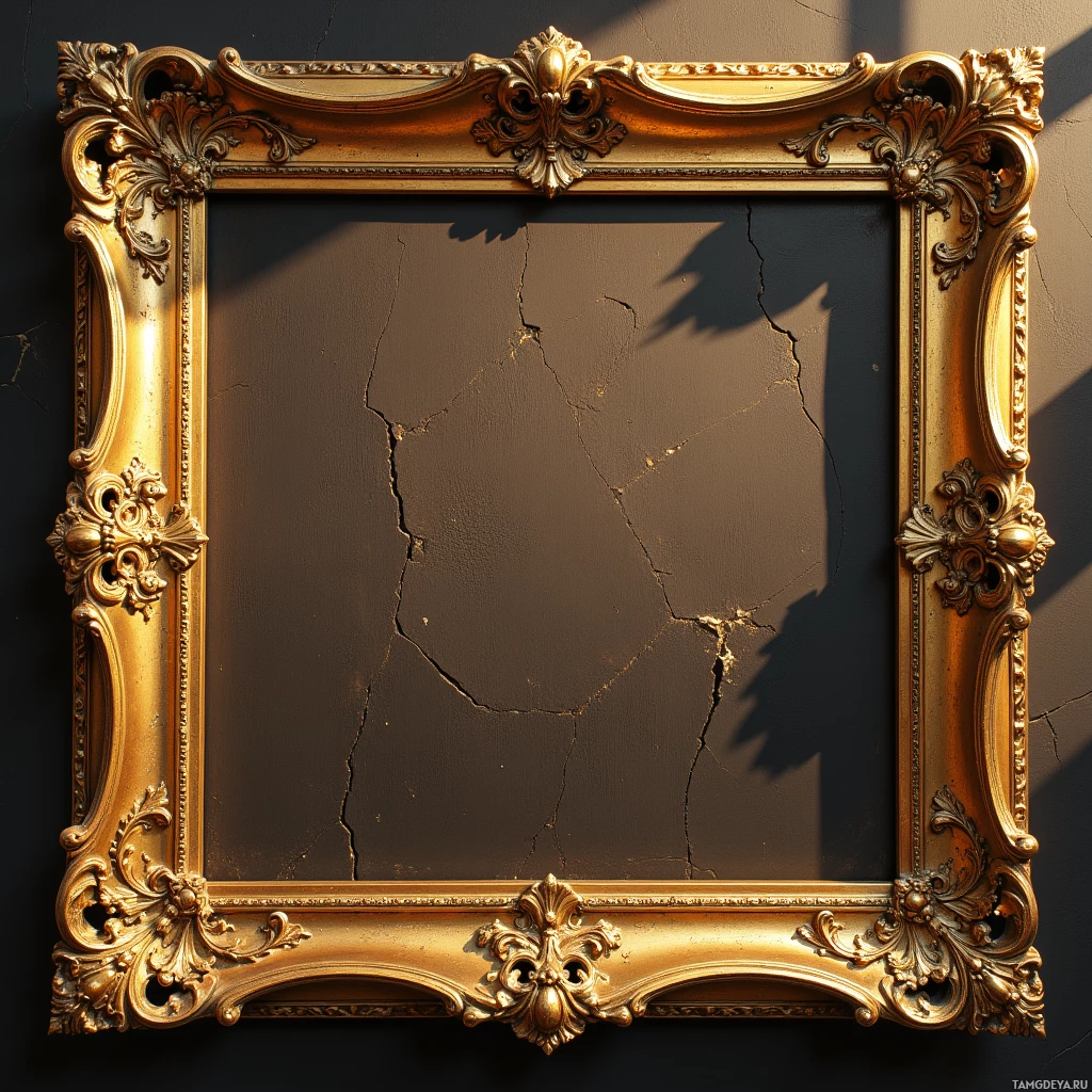 An ornate gold frame with intricate detailing is set against a cracked wall background.