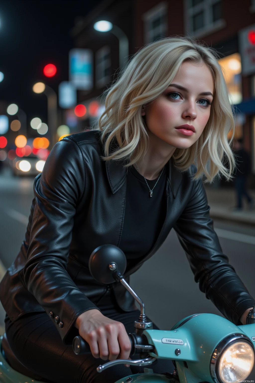 A person wearing a black leather jacket rides a teal scooter at night.