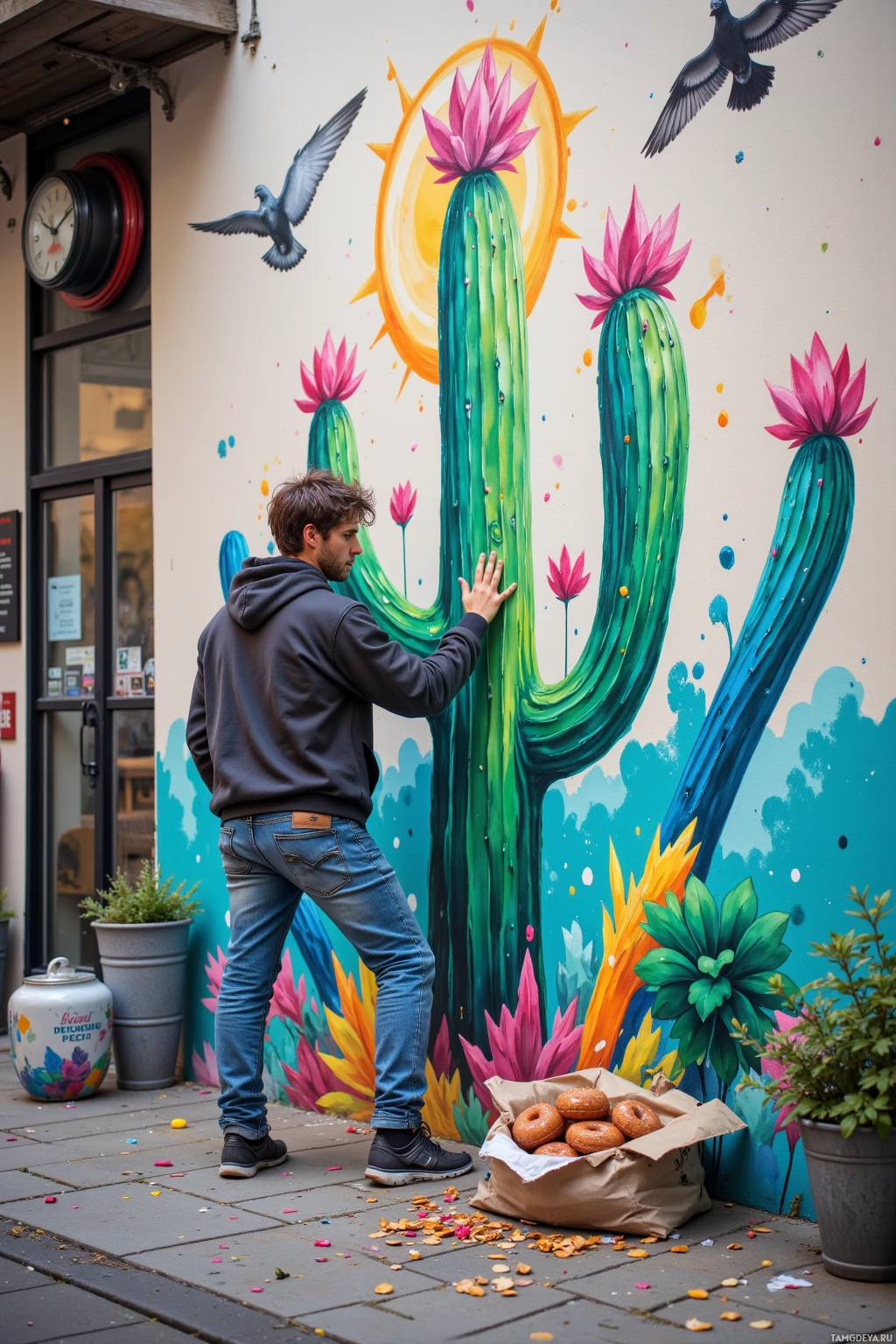 A person stands beside a vibrant mural featuring cacti and birds, with a box of donuts on the ground nearby.